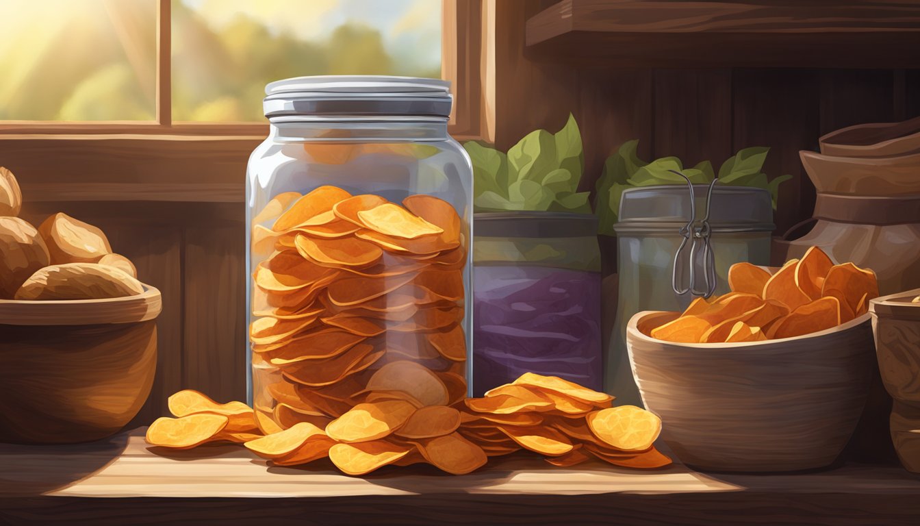 A glass jar filled with sweet potato skin chips sits on a rustic wooden shelf, surrounded by other preserved foods. Sunlight streams through a nearby window, casting a warm glow on the scene