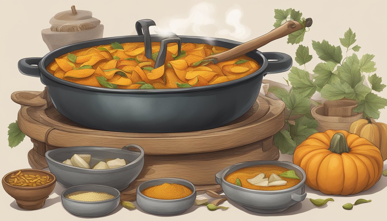 A bubbling pot of pumpkin peel curry surrounded by traditional cooking utensils and cultural artifacts