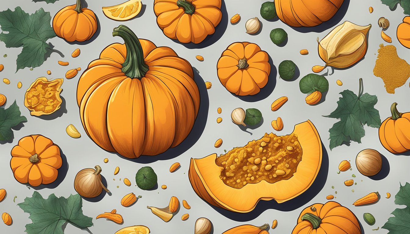 A vibrant pumpkin being peeled with curry ingredients scattered around