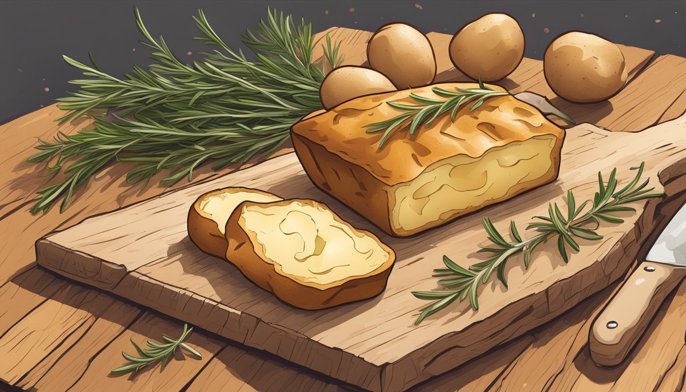 A rustic kitchen table with a freshly baked potato peel focaccia bread on a wooden cutting board, surrounded by scattered potato peels and a few sprigs of rosemary