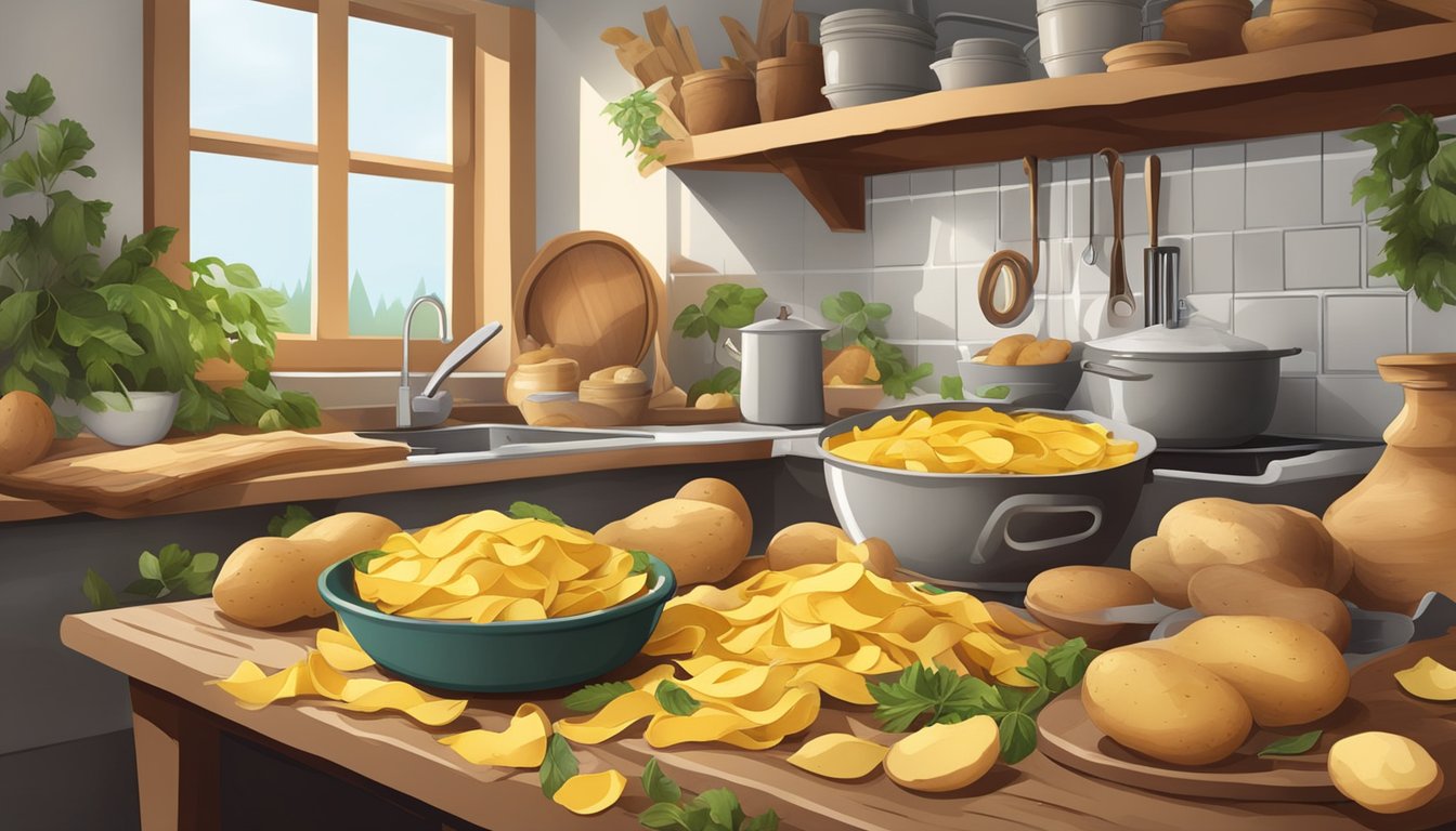 A rustic kitchen scene with a pile of potato peels and fresh ingredients for making focaccia