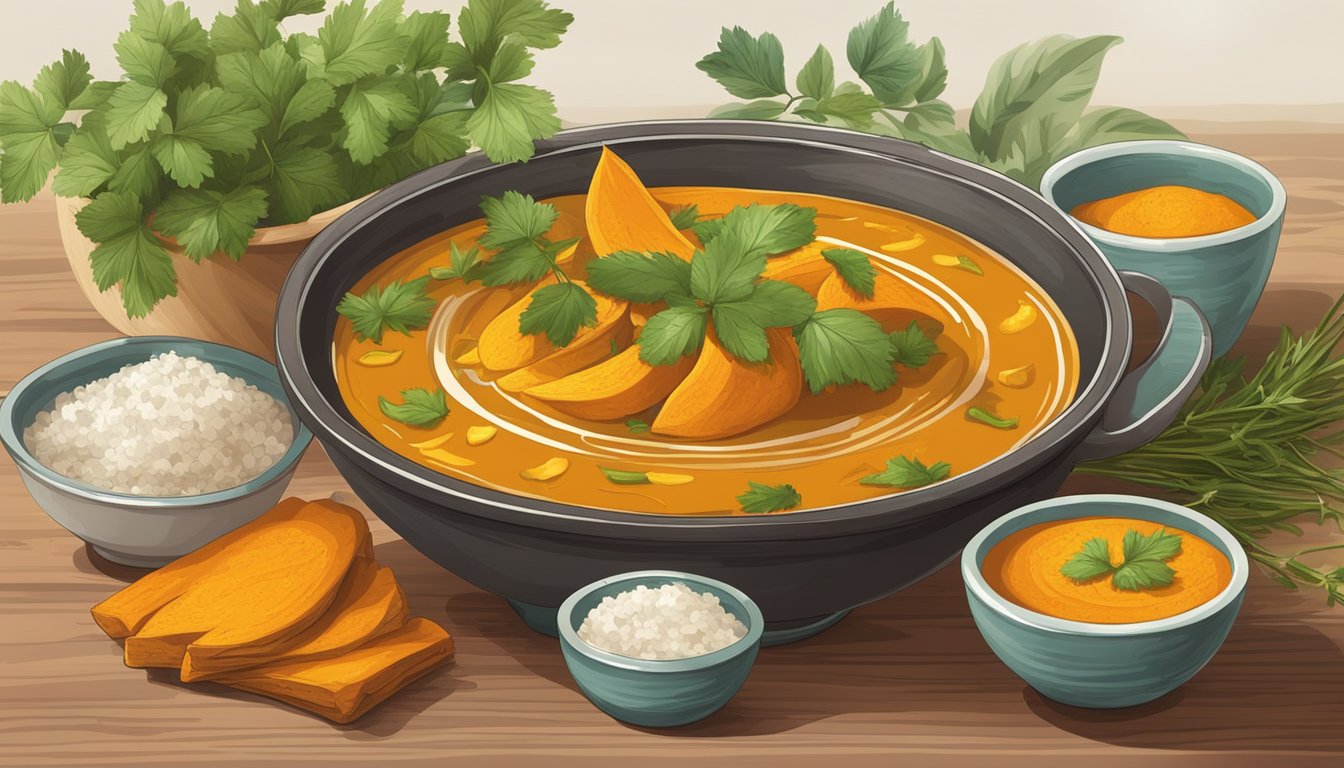 A rustic wooden table set with a steaming bowl of pumpkin peel curry, accompanied by a stack of colorful ceramic dishes and a sprig of fresh herbs