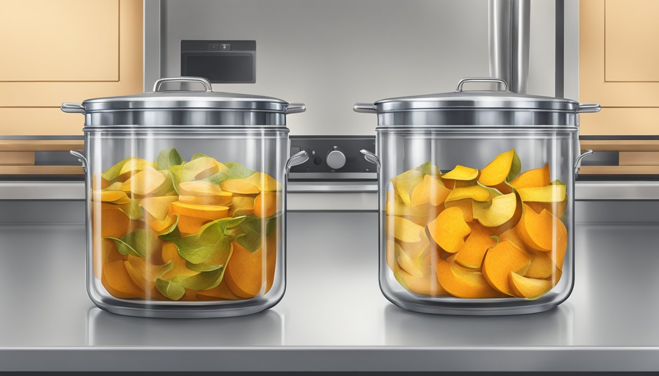 A pot of pumpkin peel curry being stored in a glass container in the refrigerator, then reheated on a stovetop