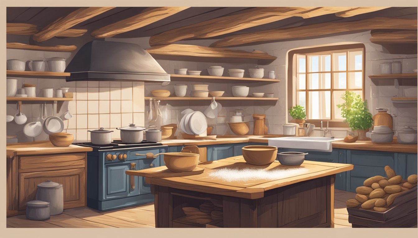 A rustic kitchen with a wooden table covered in flour. A baker kneads dough while a pot of potato peels simmers on the stove