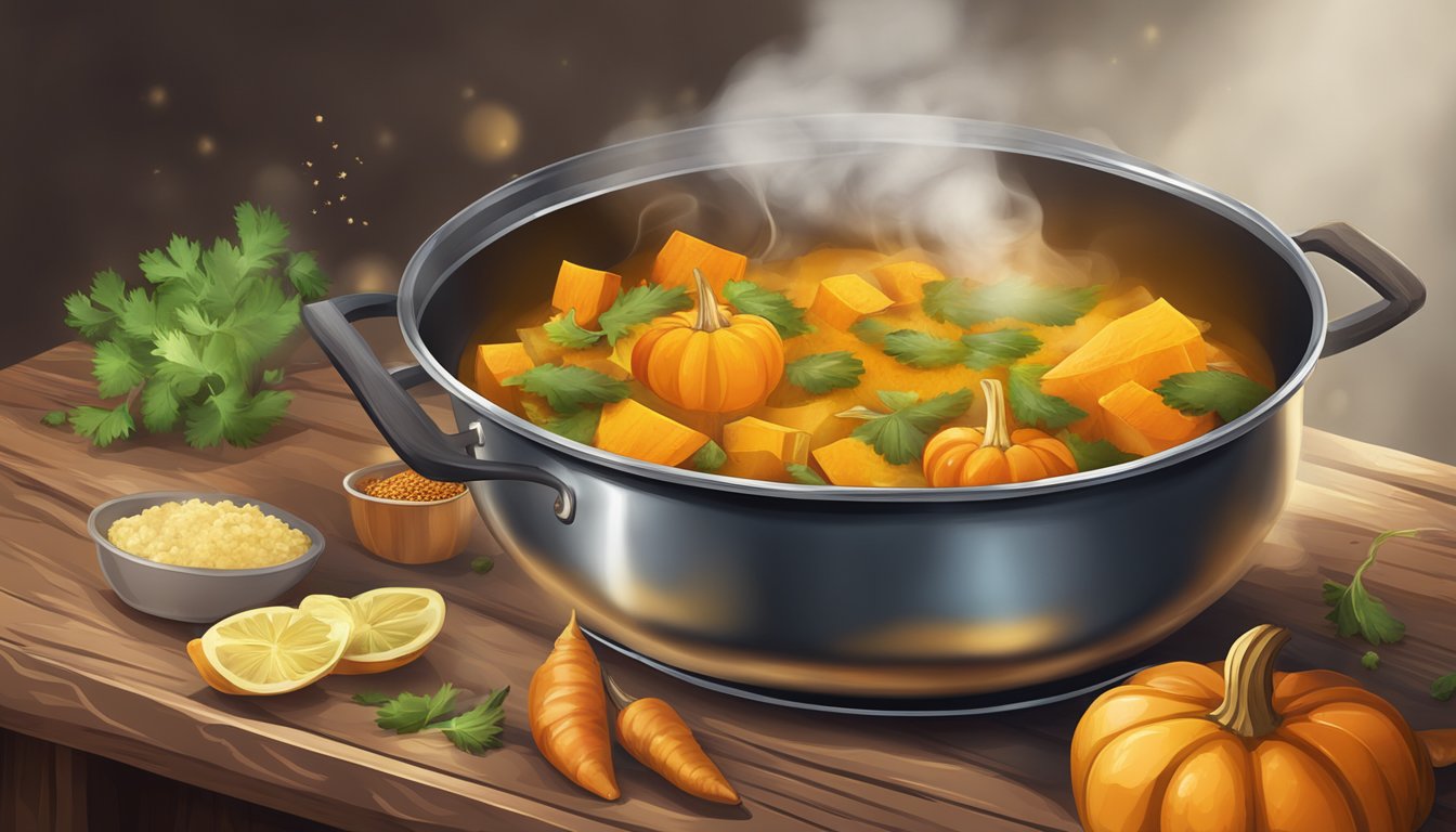 A steaming pot of pumpkin peel curry simmering with spices and vegetables on a rustic wooden table