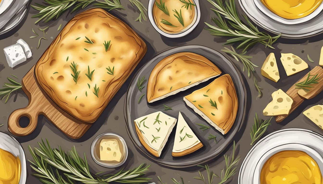 A rustic wooden table with a freshly baked potato peel focaccia surrounded by sprigs of rosemary, a small dish of olive oil, and a selection of gourmet cheeses