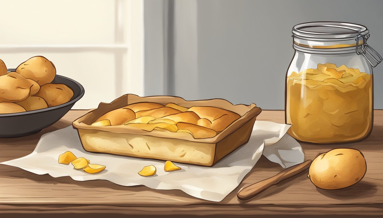 A rustic kitchen counter with a parchment paper-lined baking sheet holding a golden-brown potato peel focaccia and a glass container with leftovers