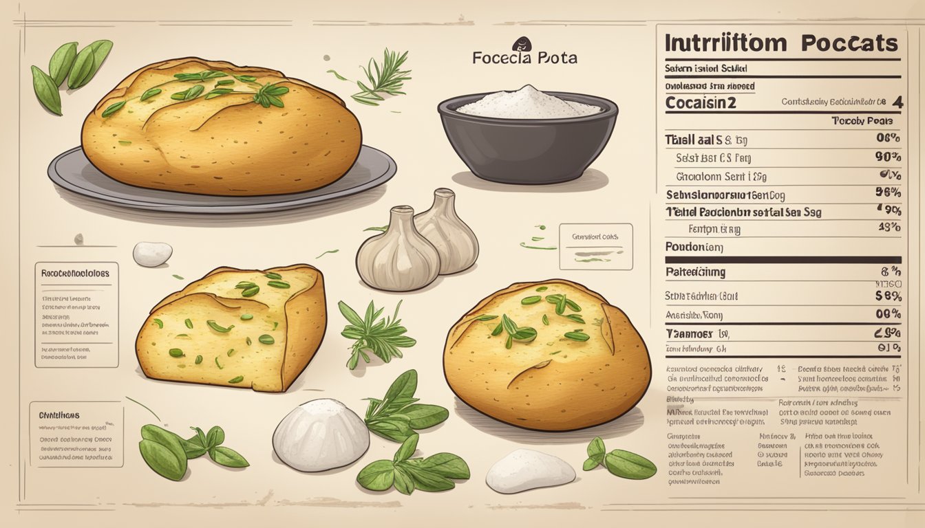 A freshly baked potato peel focaccia surrounded by various ingredients like potatoes, olive oil, herbs, and salt, with a nutritional information label displayed nearby