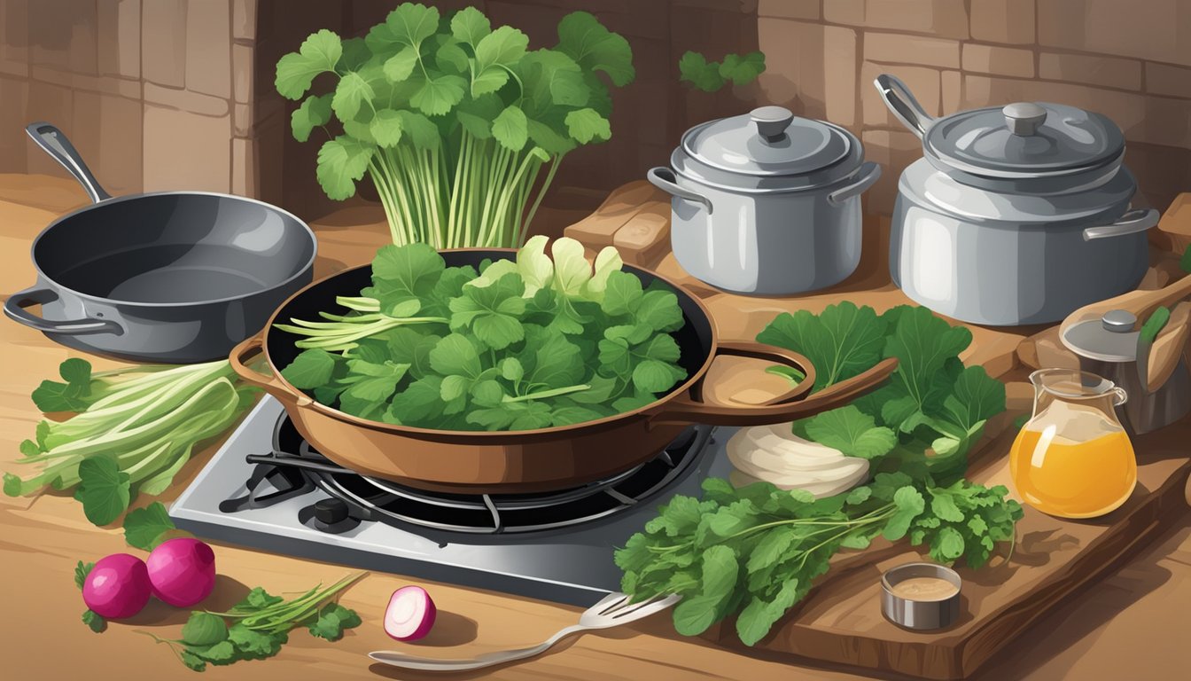 A rustic kitchen with a pot simmering on a stove, filled with vibrant green radish leaves and other ingredients, surrounded by vintage cooking utensils