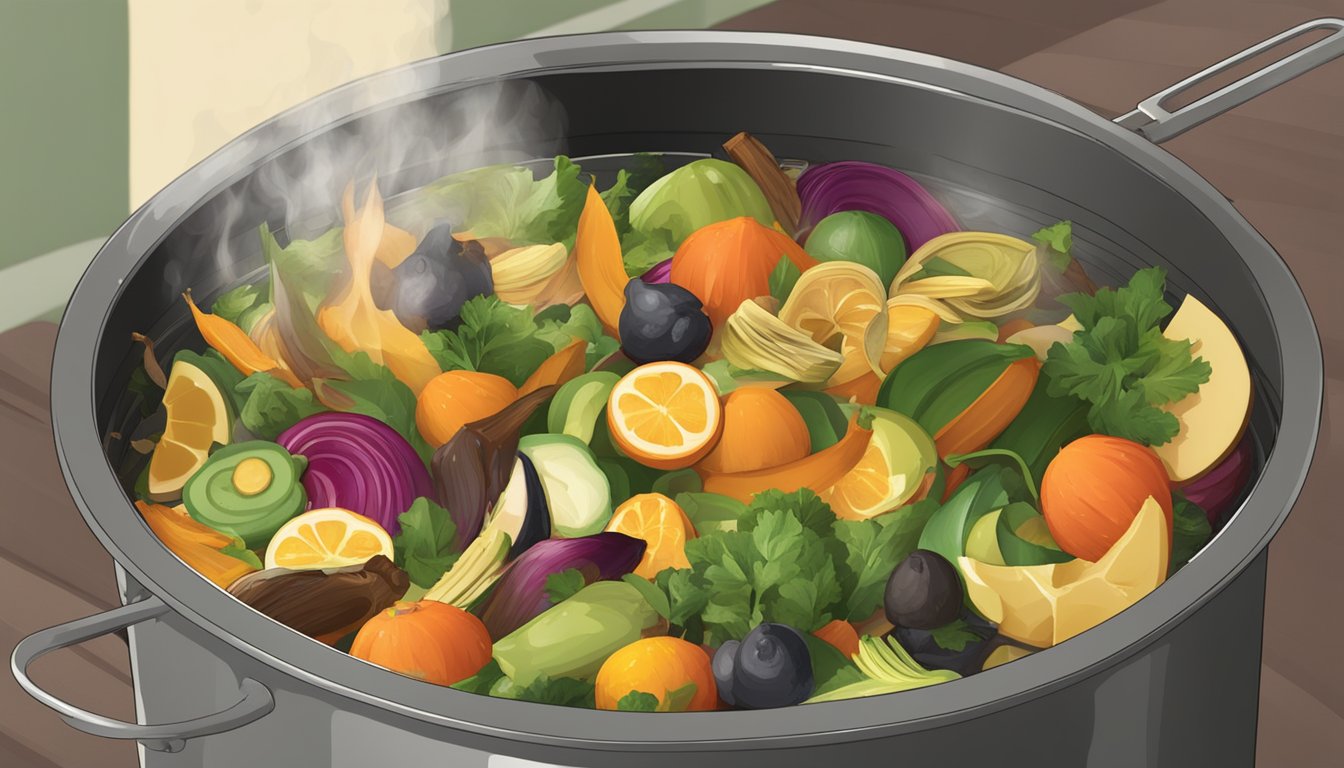 A pile of kitchen scraps, including vegetable peels and fruit rinds, are being boiled in a large pot over a fire