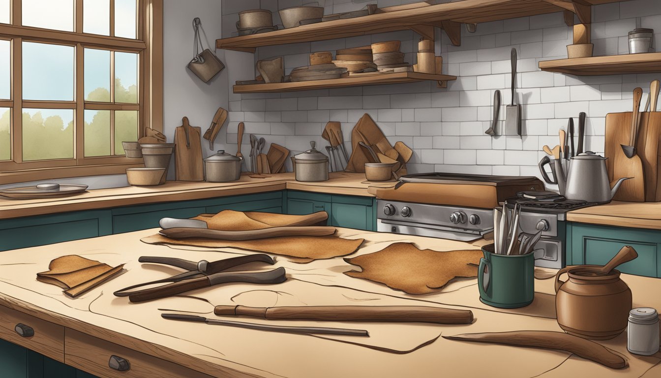 A kitchen counter with scraps of deer hide being transformed into leather using traditional tools