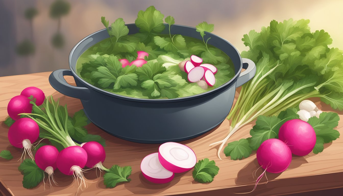 A pot of simmering radish leaf soup surrounded by fresh radishes and herbs on a wooden cutting board