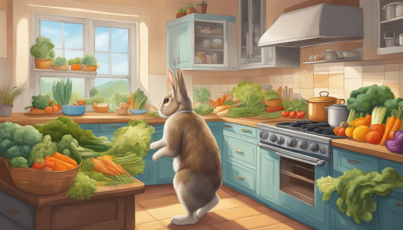 A rabbit hops through a kitchen, leaving scraps of vegetables and fur. A person collects the scraps, felting them into a colorful tapestry of the rabbit's evolution