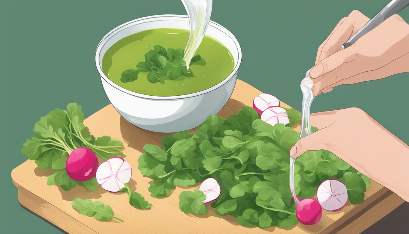 A pot of radish leaf soup being poured into a glass container for leftovers