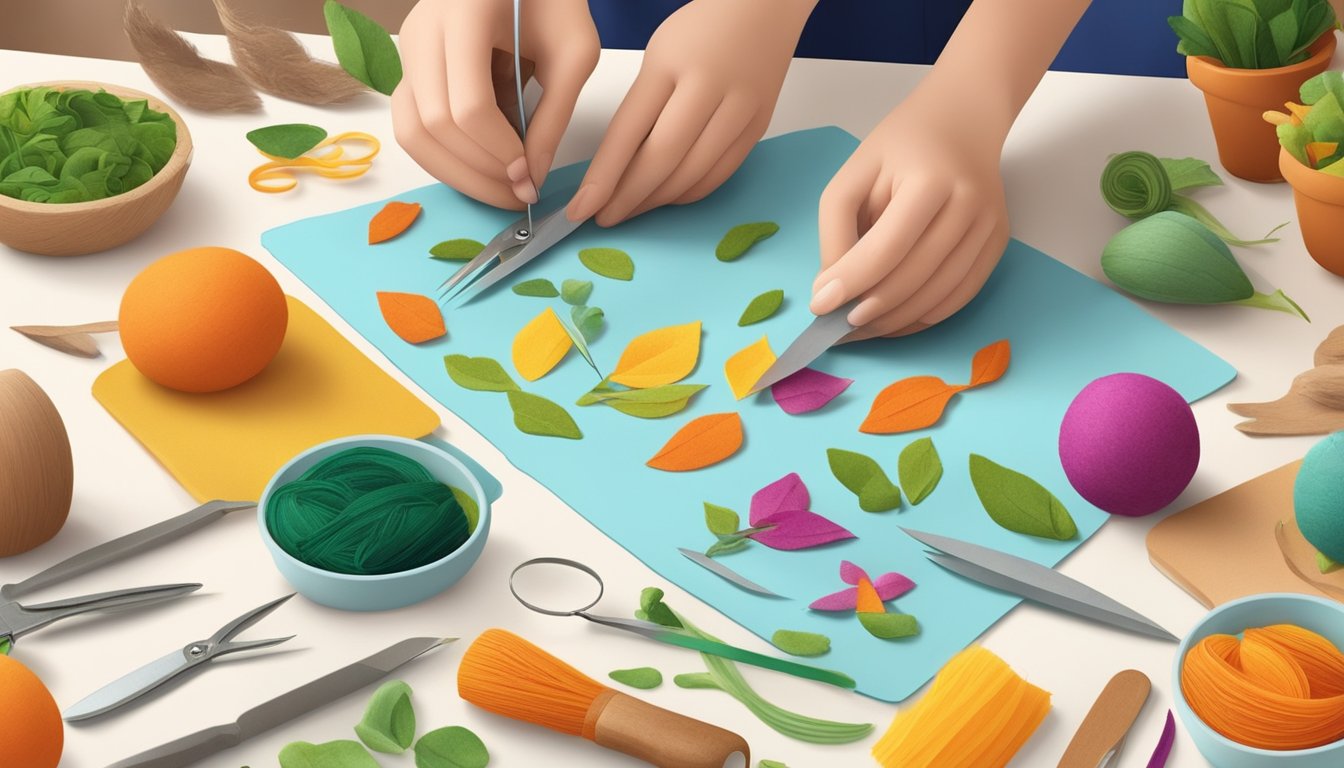 A table covered in colorful kitchen scraps, a pair of scissors, and a needle and thread. A felt bunny taking shape under the skilled hands of the artist