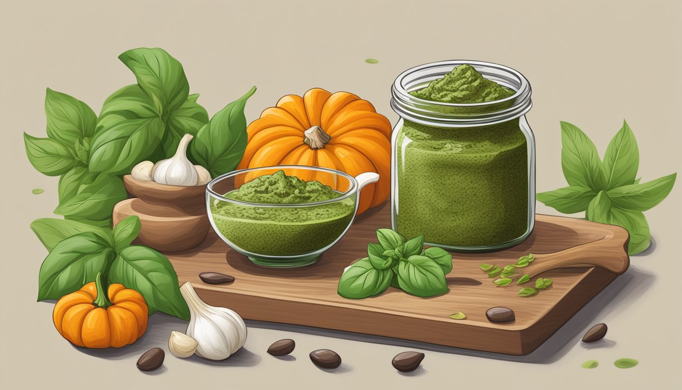 A wooden table with a jar of pumpkin seed pesto, surrounded by fresh basil, garlic cloves, and a mortar and pestle