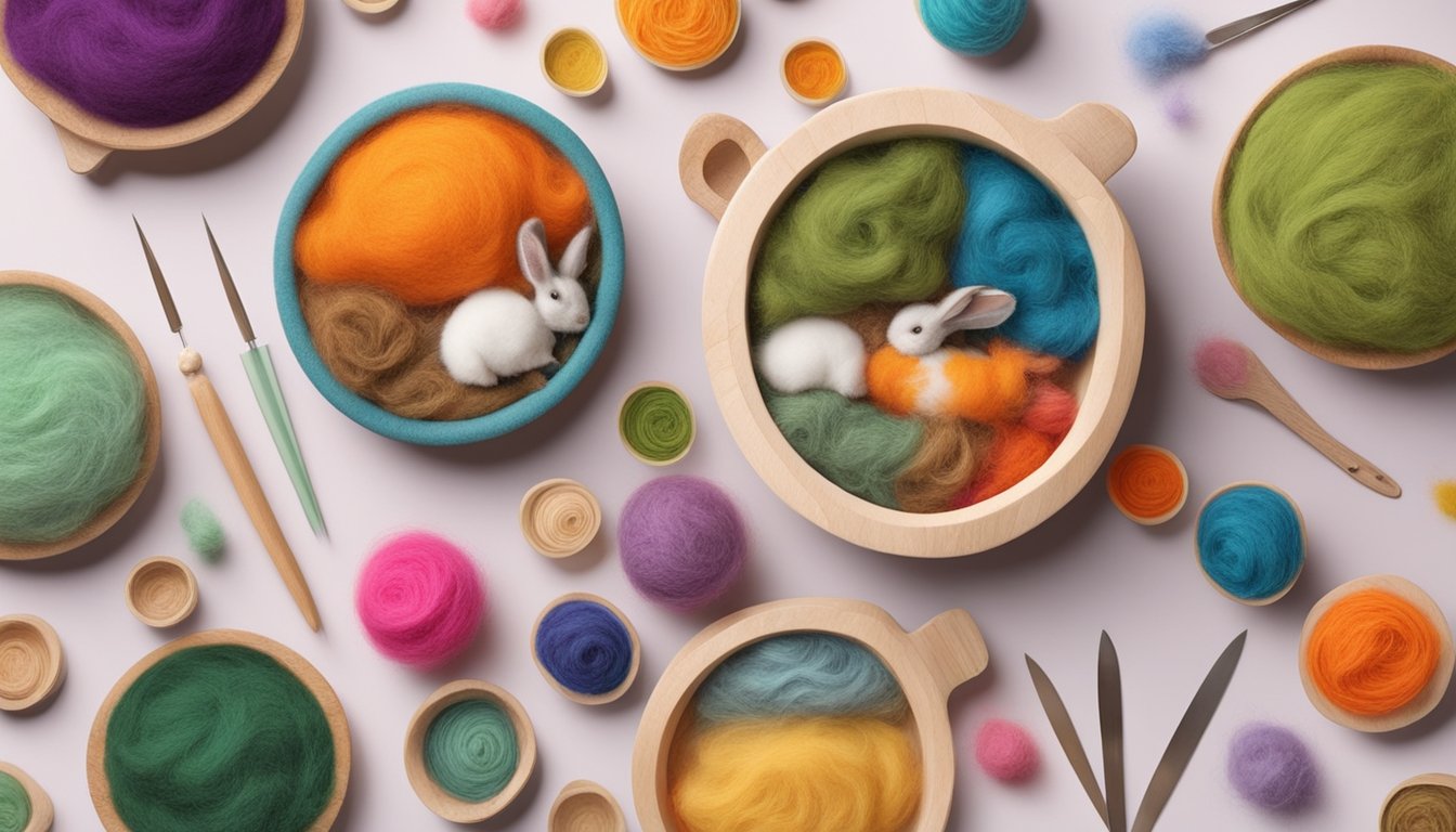 A table covered in colorful kitchen scraps, wool fibers, and felting needles, with a rabbit-shaped mold in the center