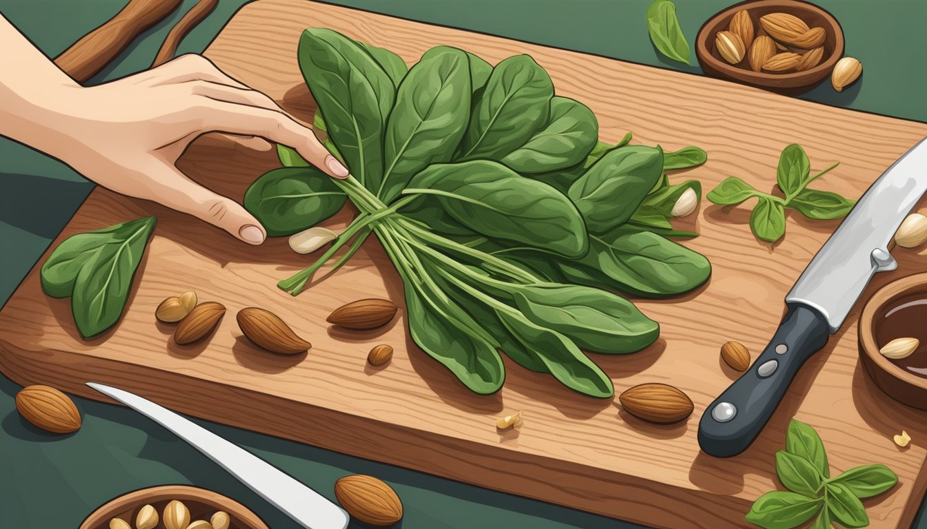 A hand reaching for spinach stems, garlic, nuts, and olive oil on a wooden cutting board