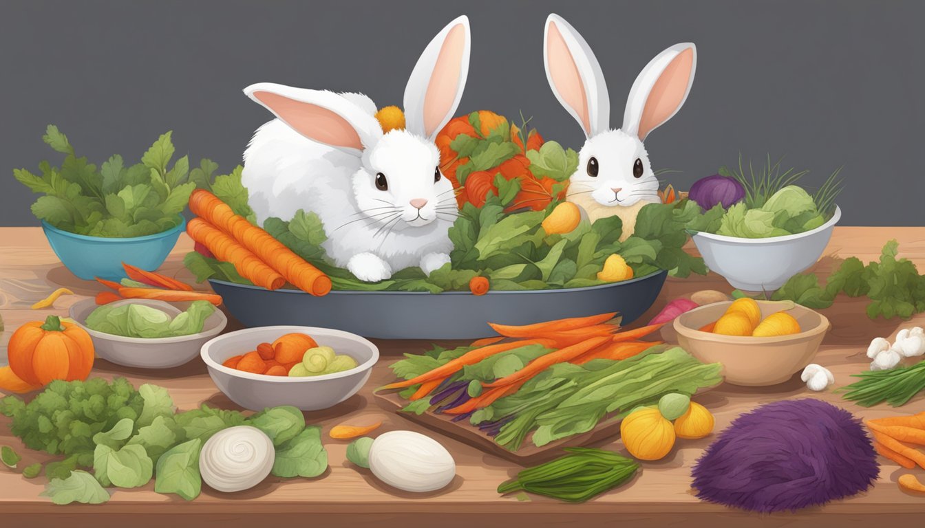 A table covered in colorful kitchen scraps, with a pile of fluffy rabbit felt in the center