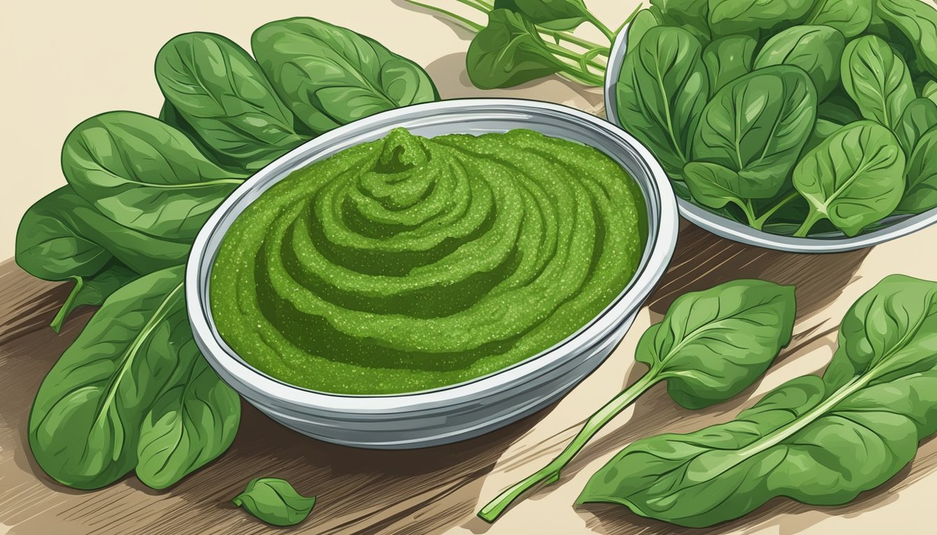 A jar of spinach stem pesto surrounded by fresh spinach leaves and stems, with a mortar and pestle in the background