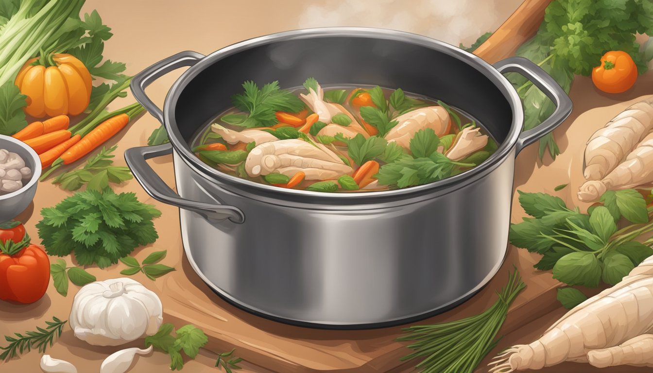 A pot simmering with chicken feet surrounded by herbs and vegetables, a chef chopping and preparing ingredients for a flavorful broth