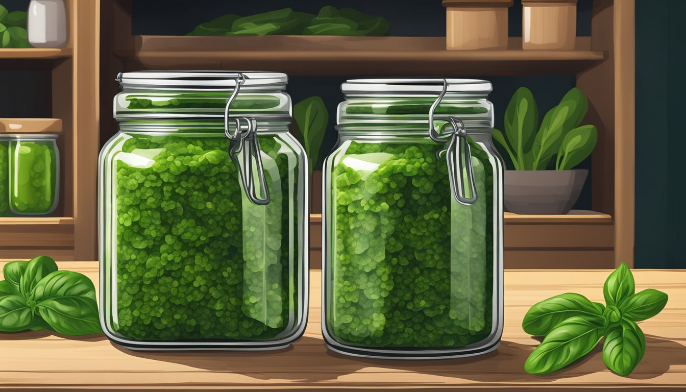 A glass jar filled with vibrant green spinach stem pesto, sealed with a lid, placed on a wooden shelf in a pantry