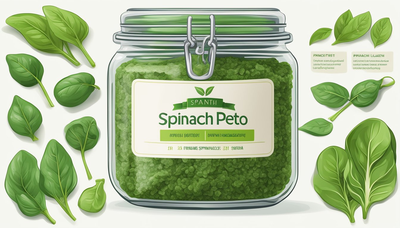 A jar of spinach stem pesto surrounded by fresh spinach leaves and various nutritional information labels