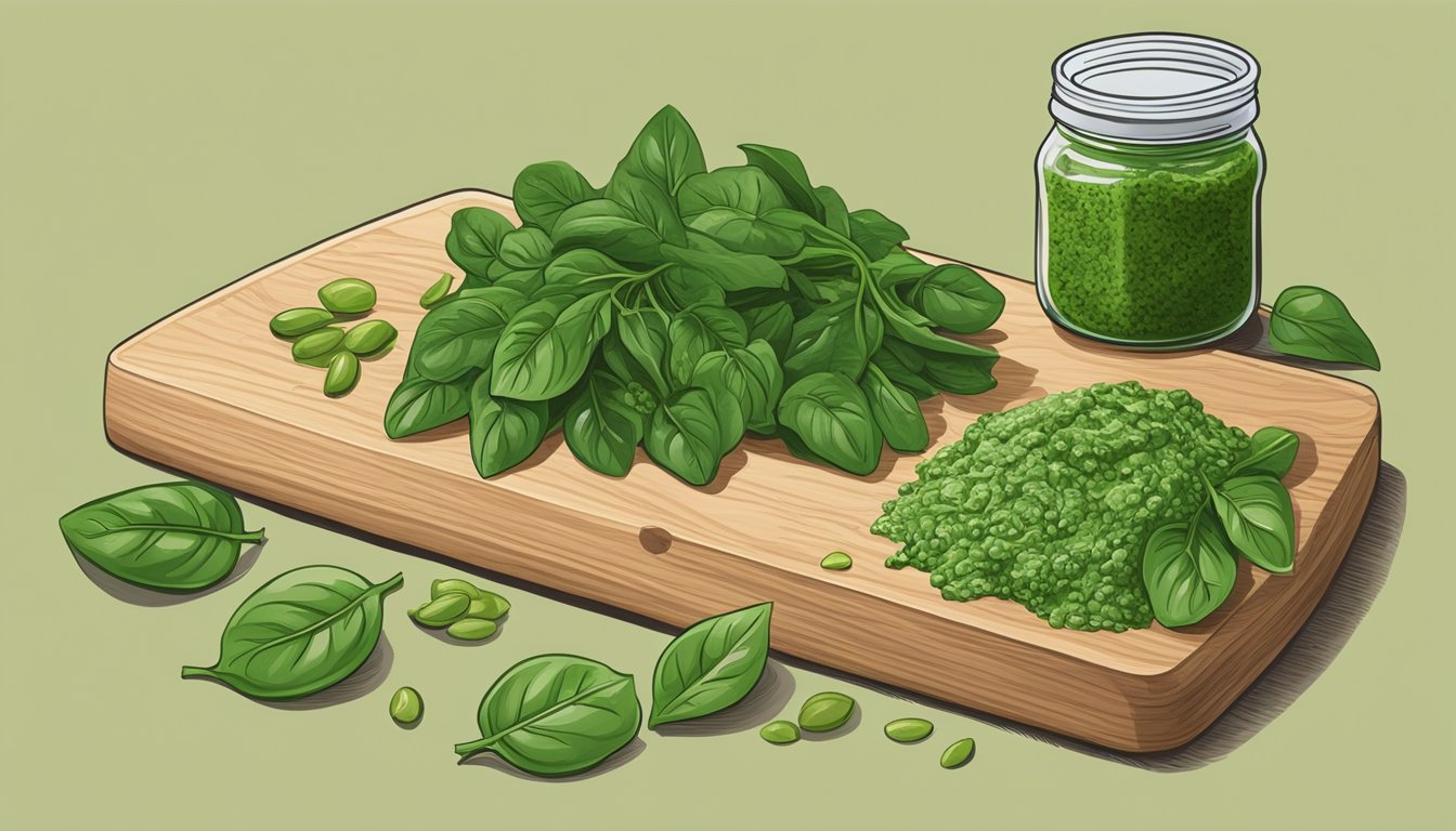 A wooden cutting board with a jar of spinach stem pesto, surrounded by fresh spinach leaves and a handful of pine nuts