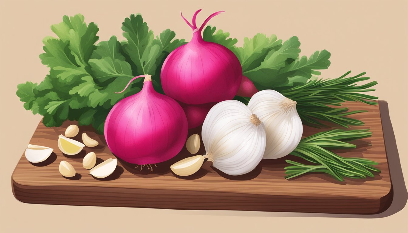 A vibrant bunch of radish tops, garlic cloves, pine nuts, and olive oil arranged on a wooden cutting board