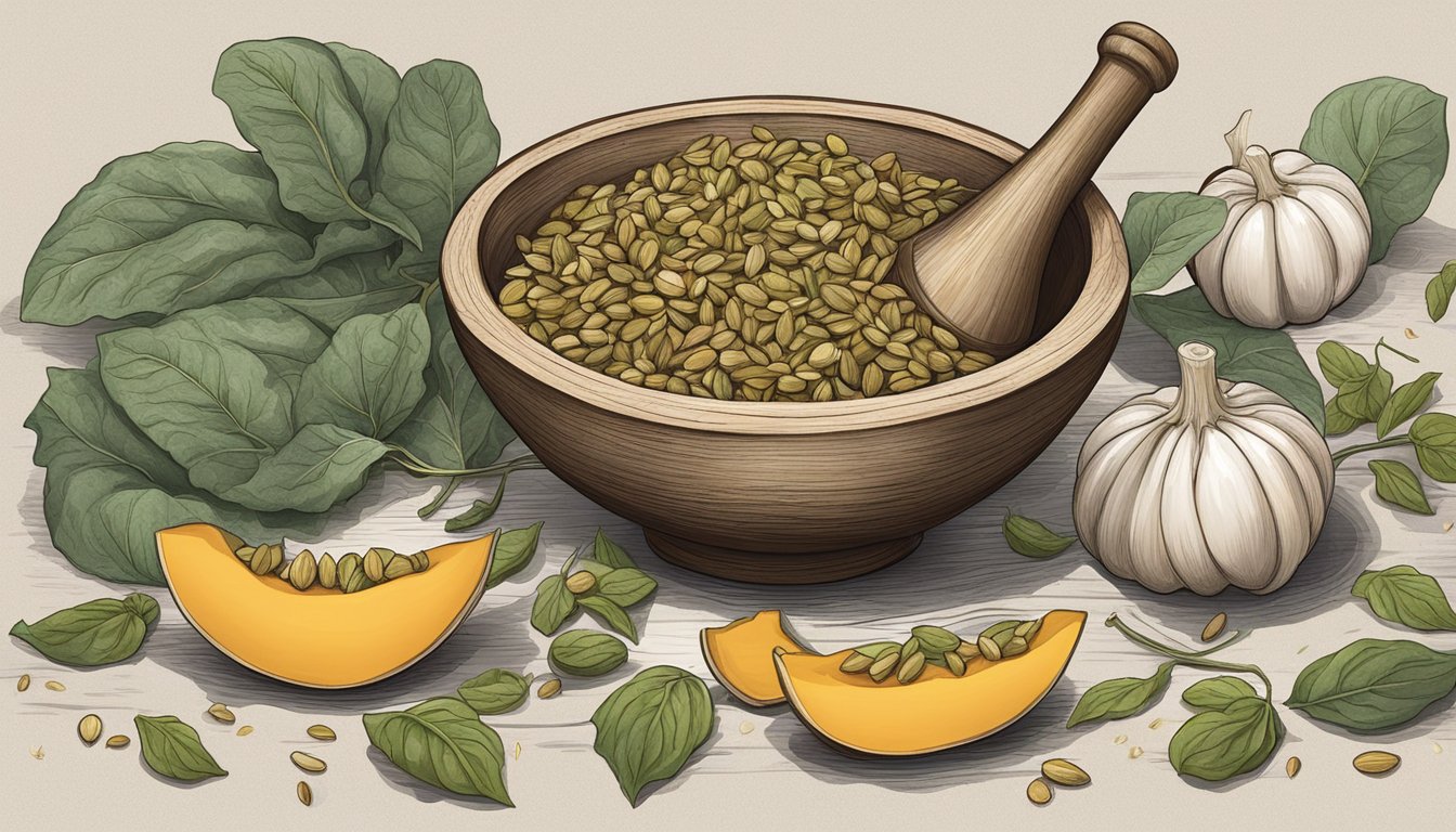 A wooden mortar and pestle filled with roasted squash seeds, garlic, basil, and olive oil, surrounded by scattered squash leaves and vines