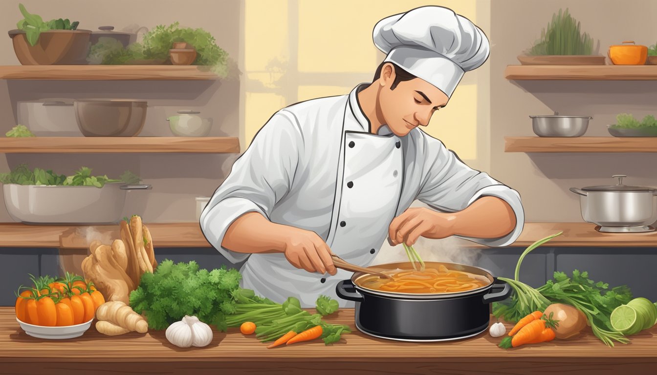 A chef using chicken feet in a pot of simmering broth, surrounded by fresh herbs and vegetables on a wooden cutting board