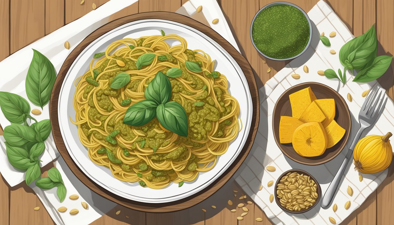 A wooden table with a plate of spaghetti topped with squash seed pesto, surrounded by fresh basil leaves and a scattering of squash seeds