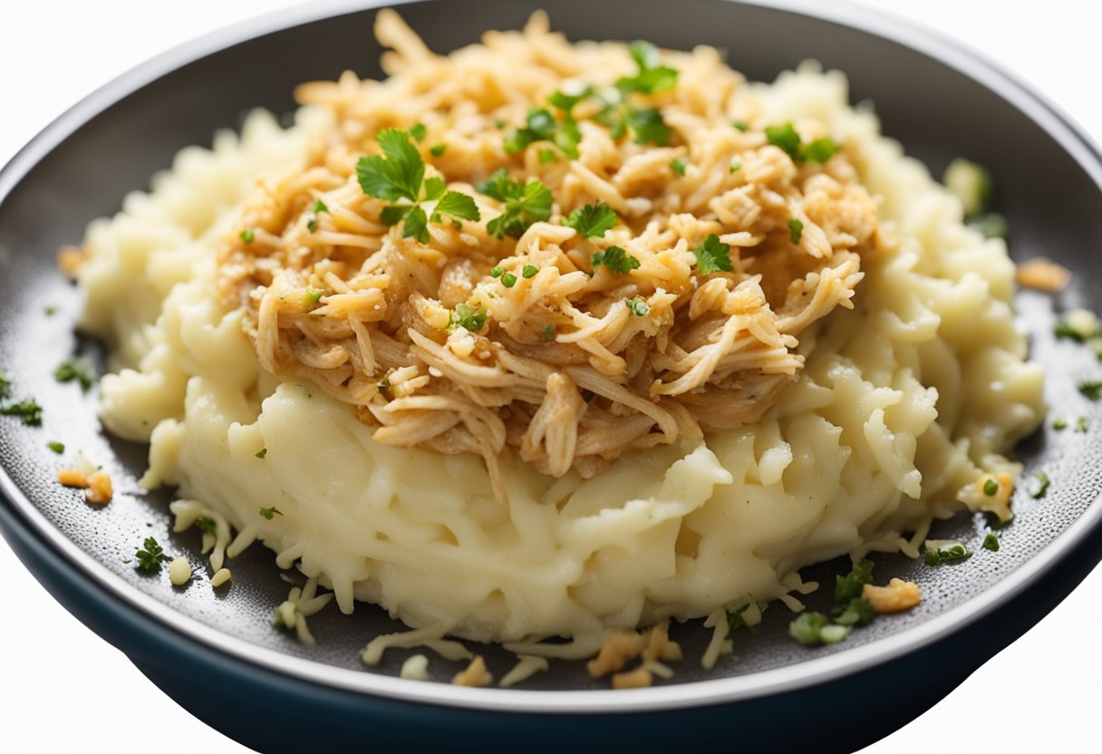 Um prato seguro para micro-ondas recheado com camadas de frango desfiado e purê de batatas, pronto para ser aquecido e servido como um rápido e delicioso escondidinho de micro-ondas.