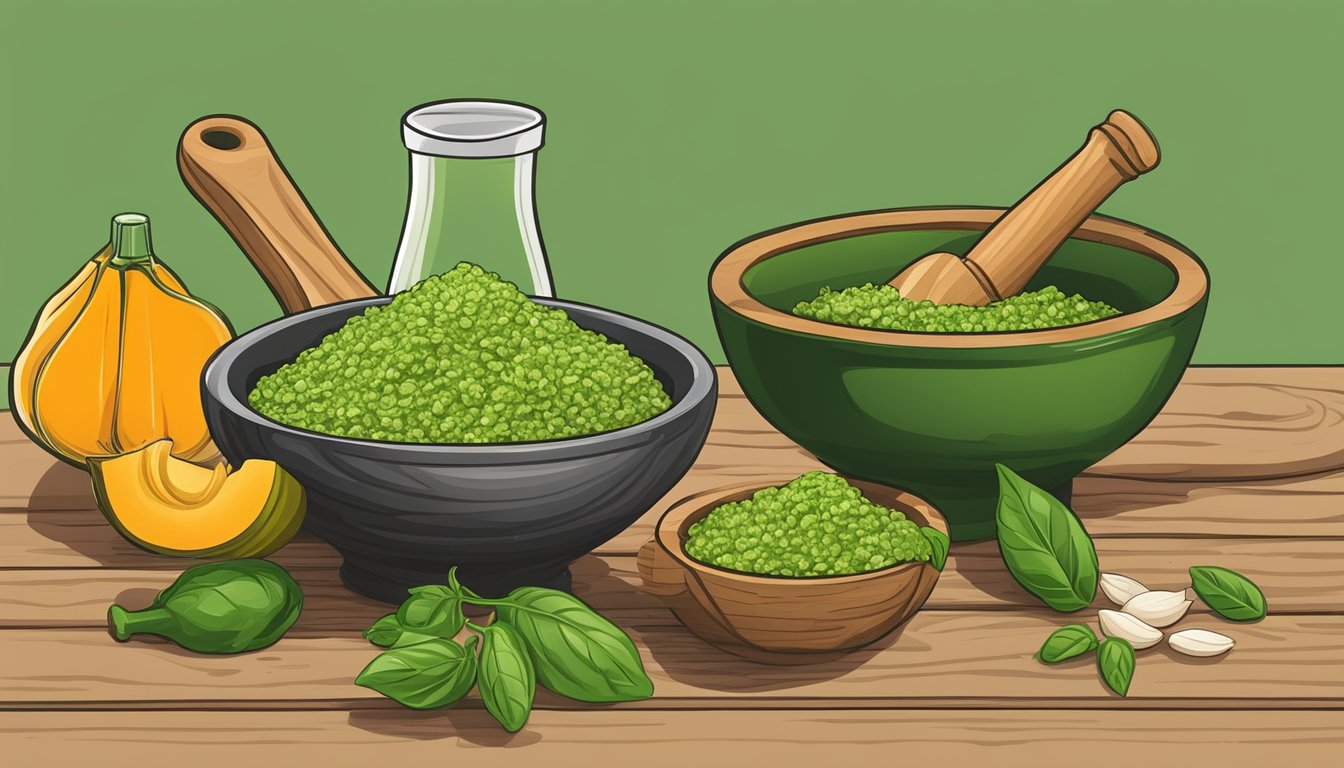 A wooden mortar and pestle crush squash seeds, basil, garlic, and olive oil into a vibrant green pesto