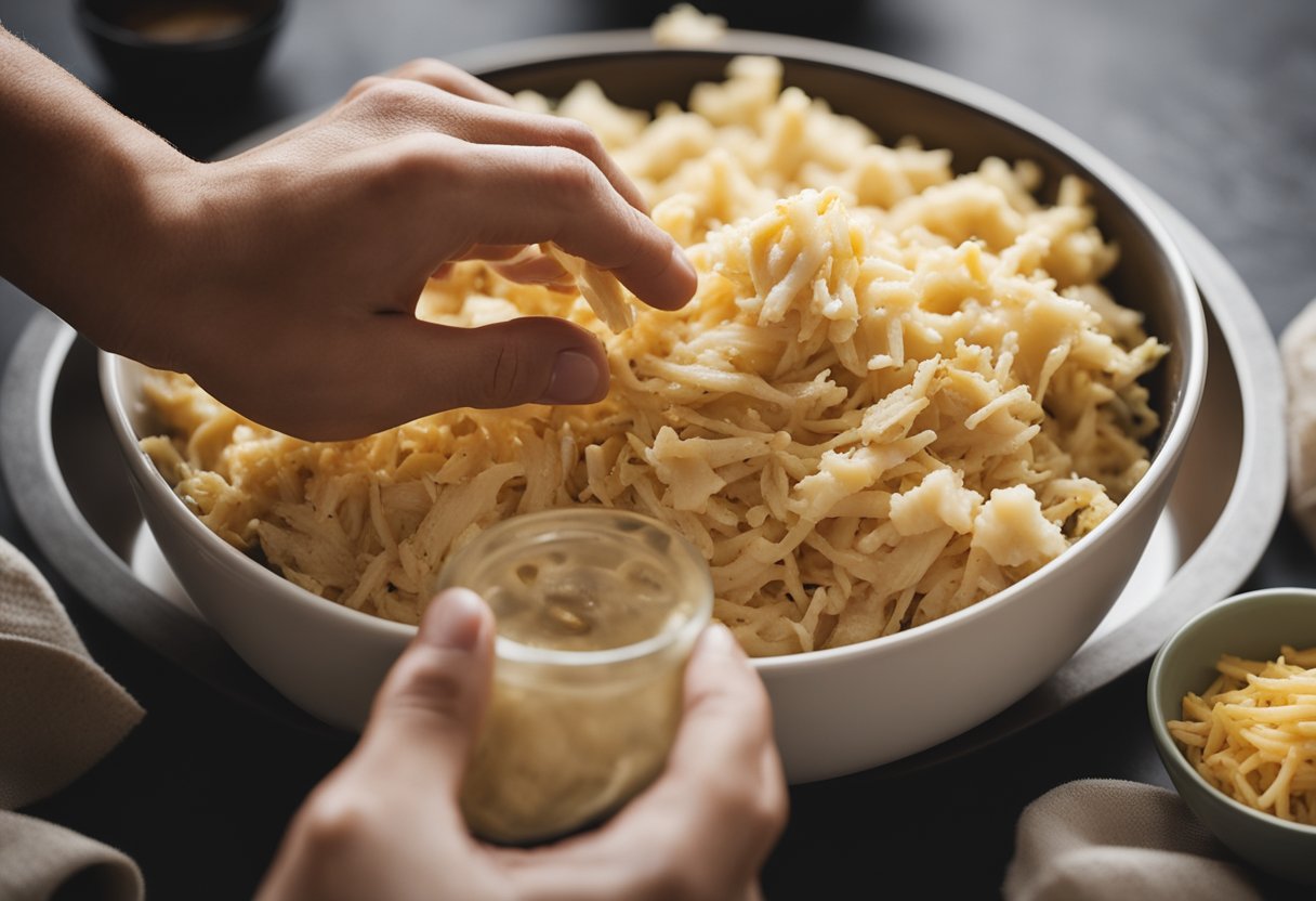 Uma mão alcançando uma tigela de frango desfiado, purê de batatas e queijo, pronta para montar um escondidinho de frango para micro-ondas.