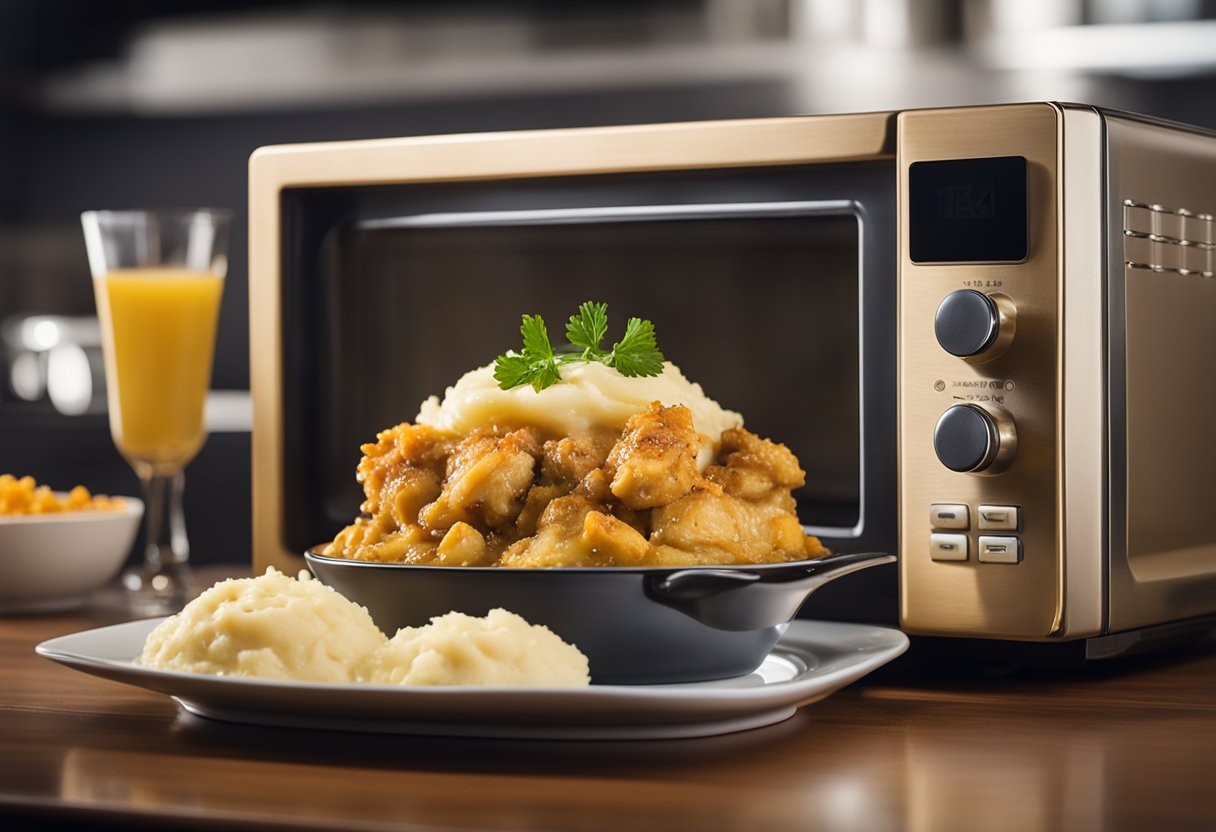 Um micro-ondas com um prato de escondidinho de frango e purê de batatas