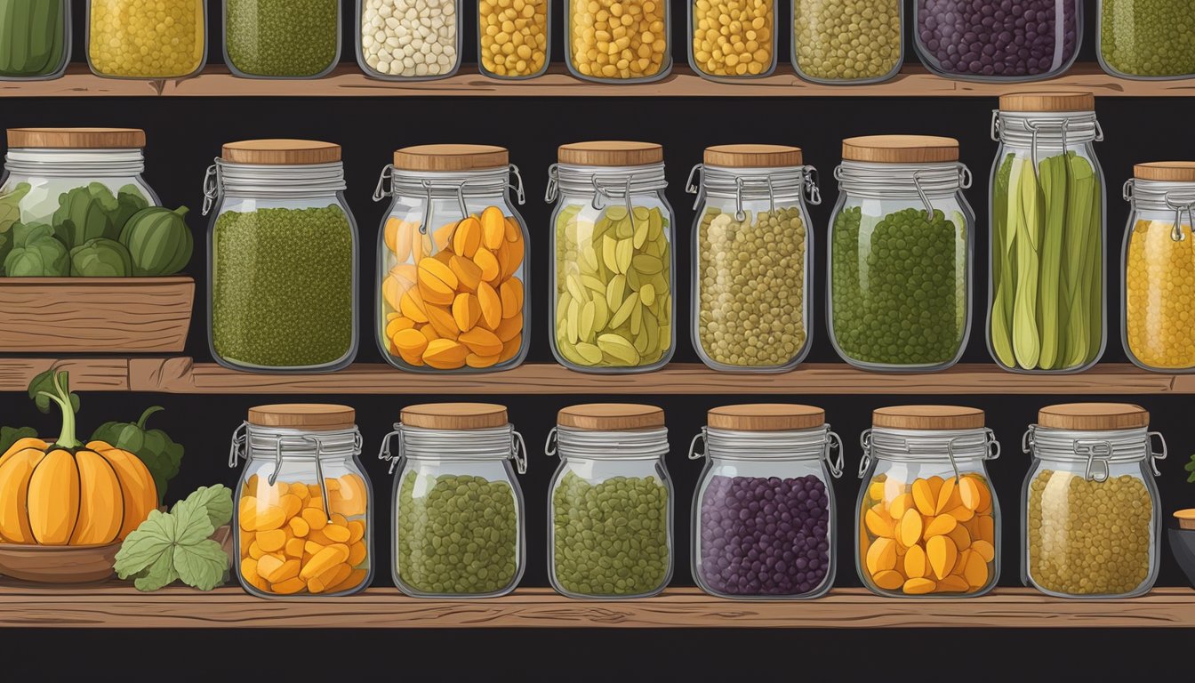 A jar of homemade squash seed pesto sits on a rustic wooden shelf, surrounded by neatly arranged jars of preserved fruits and vegetables