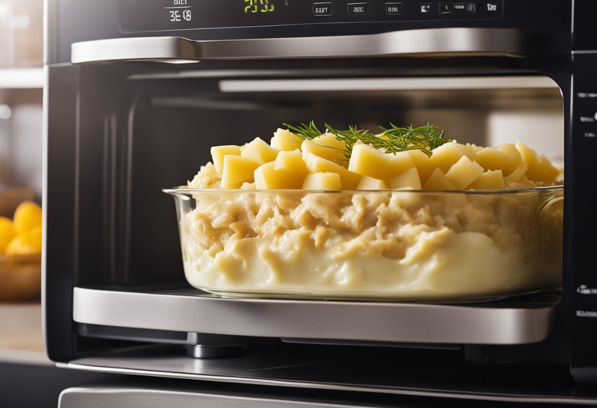 Um prato seguro para micro-ondas com camadas de frango e purê de batatas, pronto para ser cozido no micro-ondas.