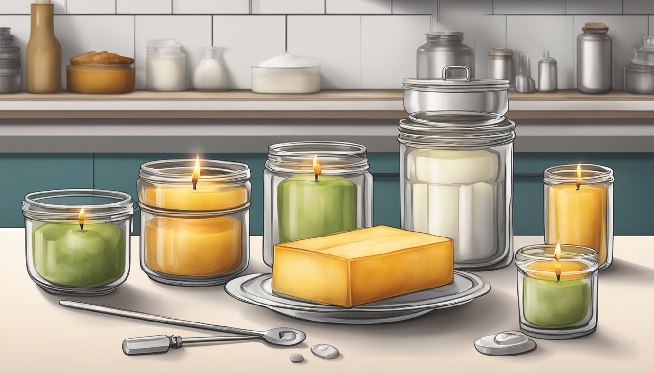 A kitchen counter with various containers and molds filled with beef tallow and wicks, ready to be transformed into candles