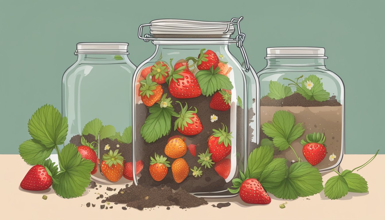 A glass jar filled with strawberry tops soaking in vinegar, surrounded by compost and reusable kitchen scraps