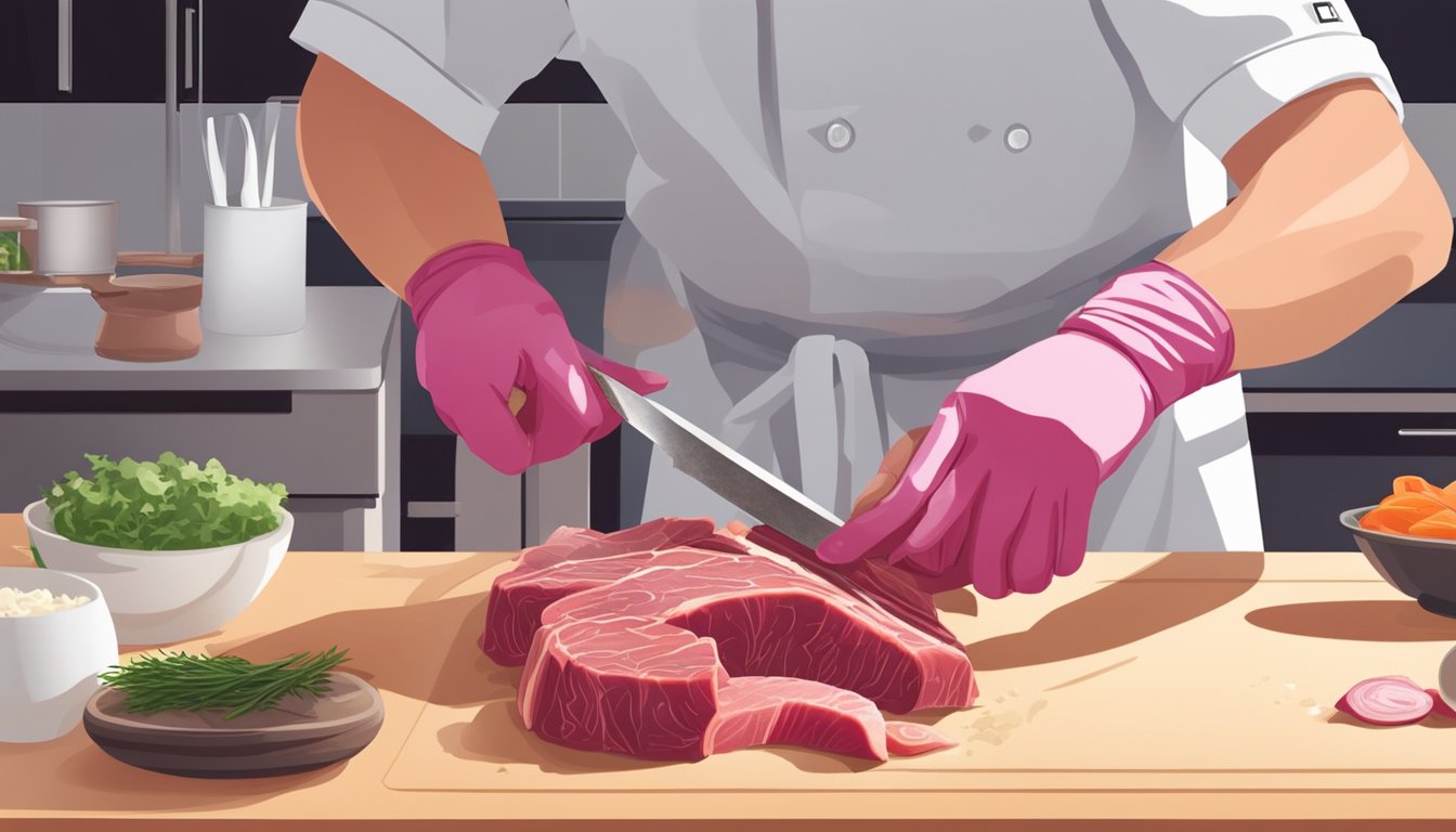 A chef slicing beef tendons into chew-sized pieces on a clean, well-lit kitchen counter. Safety gloves and a sharp knife are visible