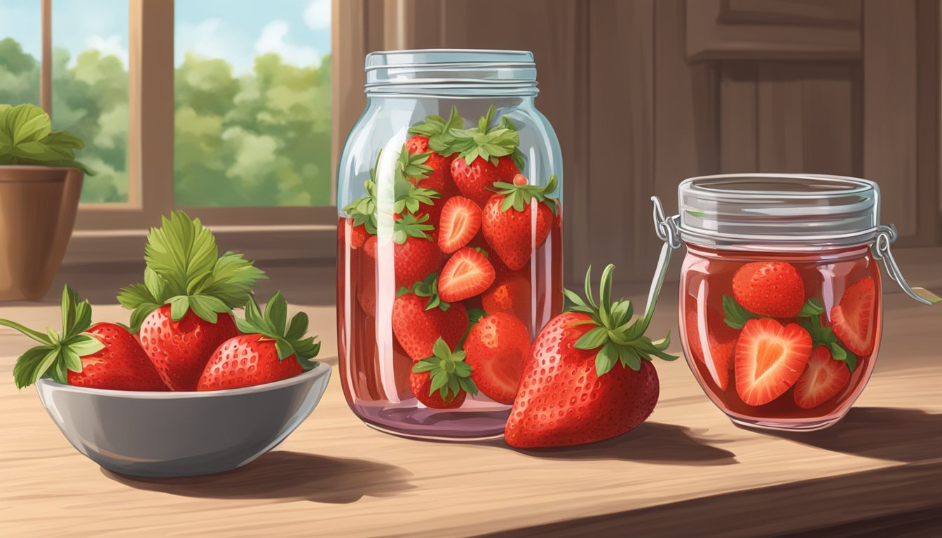 A mason jar filled with strawberry top vinegar sits on a wooden countertop next to a bowl of fresh strawberries