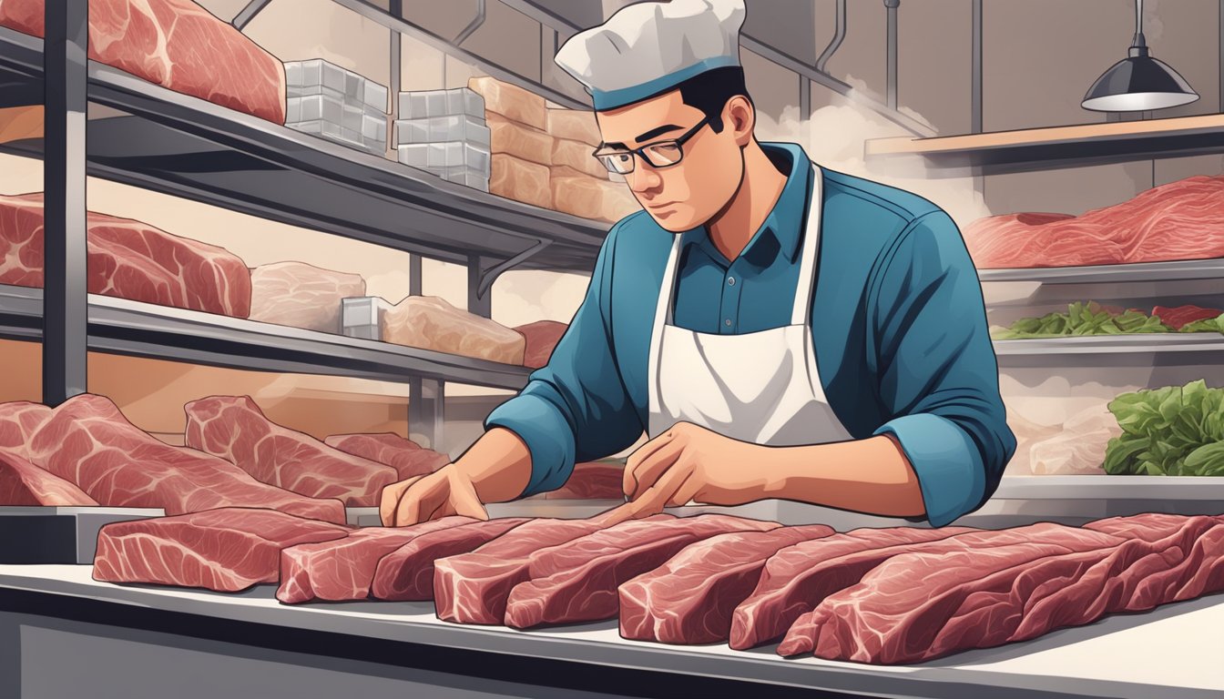 A butcher inspecting beef tendons for quality, with shelves of ingredients and equipment in the background