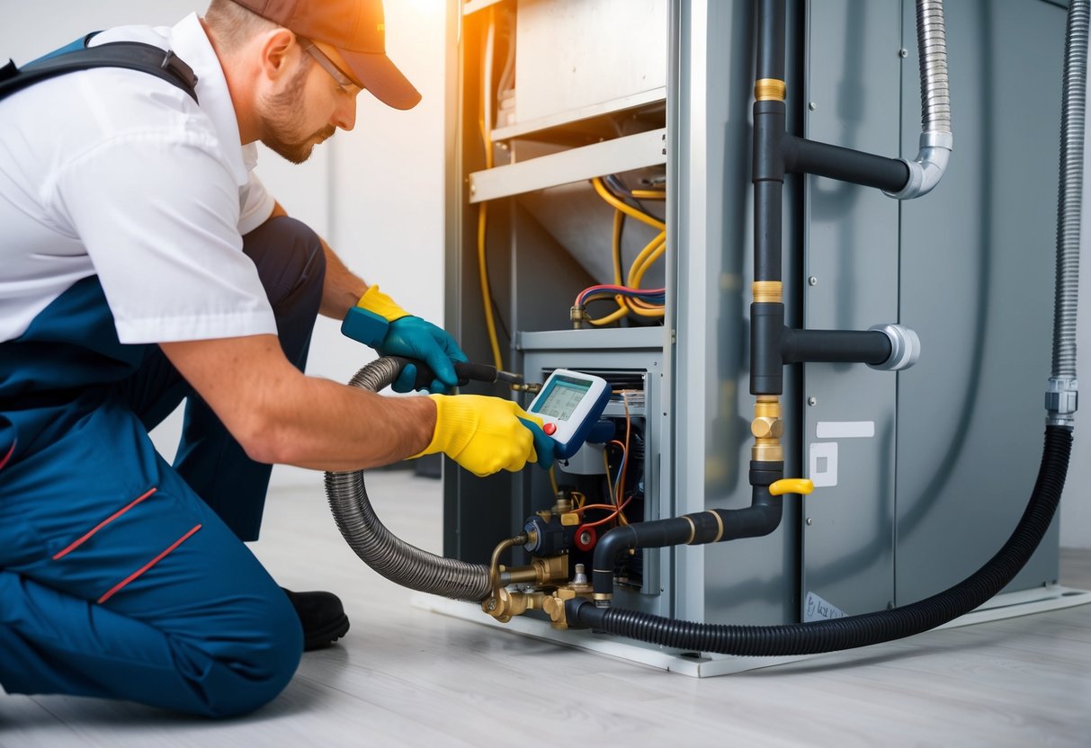 A technician inspecting and cleaning a HVAC system's condensate drain line with specialized tools and equipment