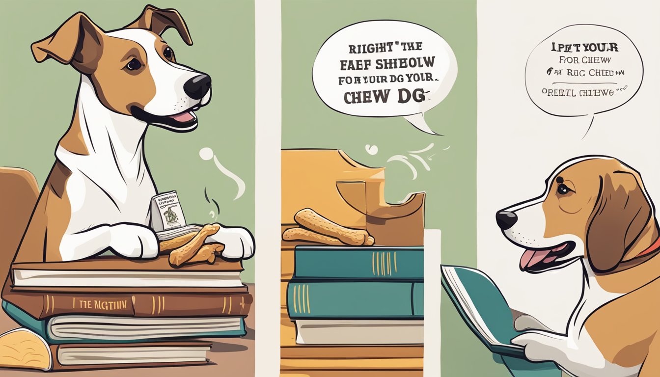 A dog happily chewing on a beef tendon dog chew while a book titled "The Right Chew for Your Dog" sits open nearby