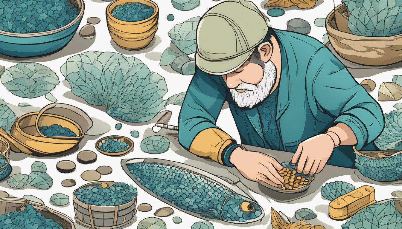 A fisherman carefully collects and cleans fish scales, arranging them in intricate patterns for jewelry making