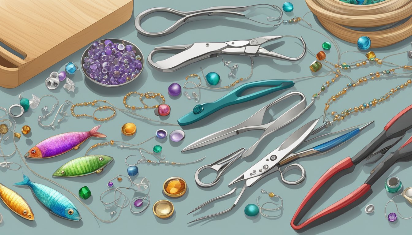 A worktable with pliers, wire cutters, fish scales, beads, and jewelry findings scattered on it, along with a pair of small metal hooks and a spool of thin wire