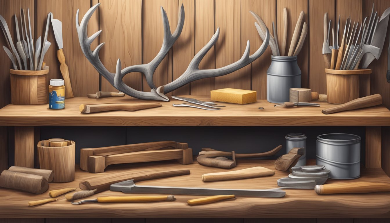 A workbench with deer antlers, carving tools, sandpaper, and wood glue