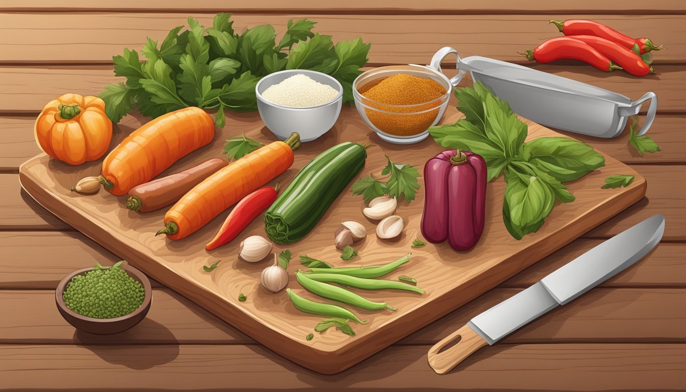 A variety of kitchen scraps and spices arranged on a wooden cutting board, ready to be used in sausage making