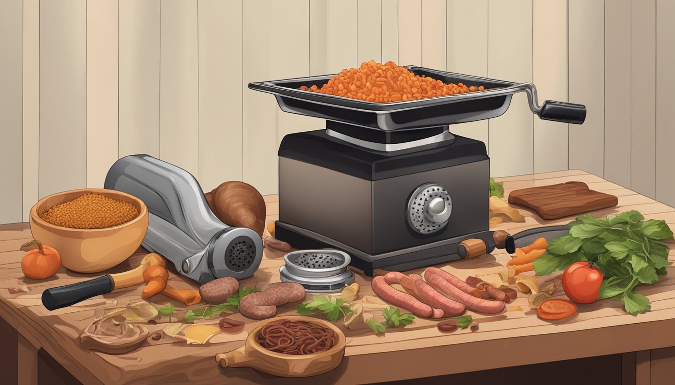 A wooden table covered in various kitchen scraps and a meat grinder, with a pile of sausage casings nearby